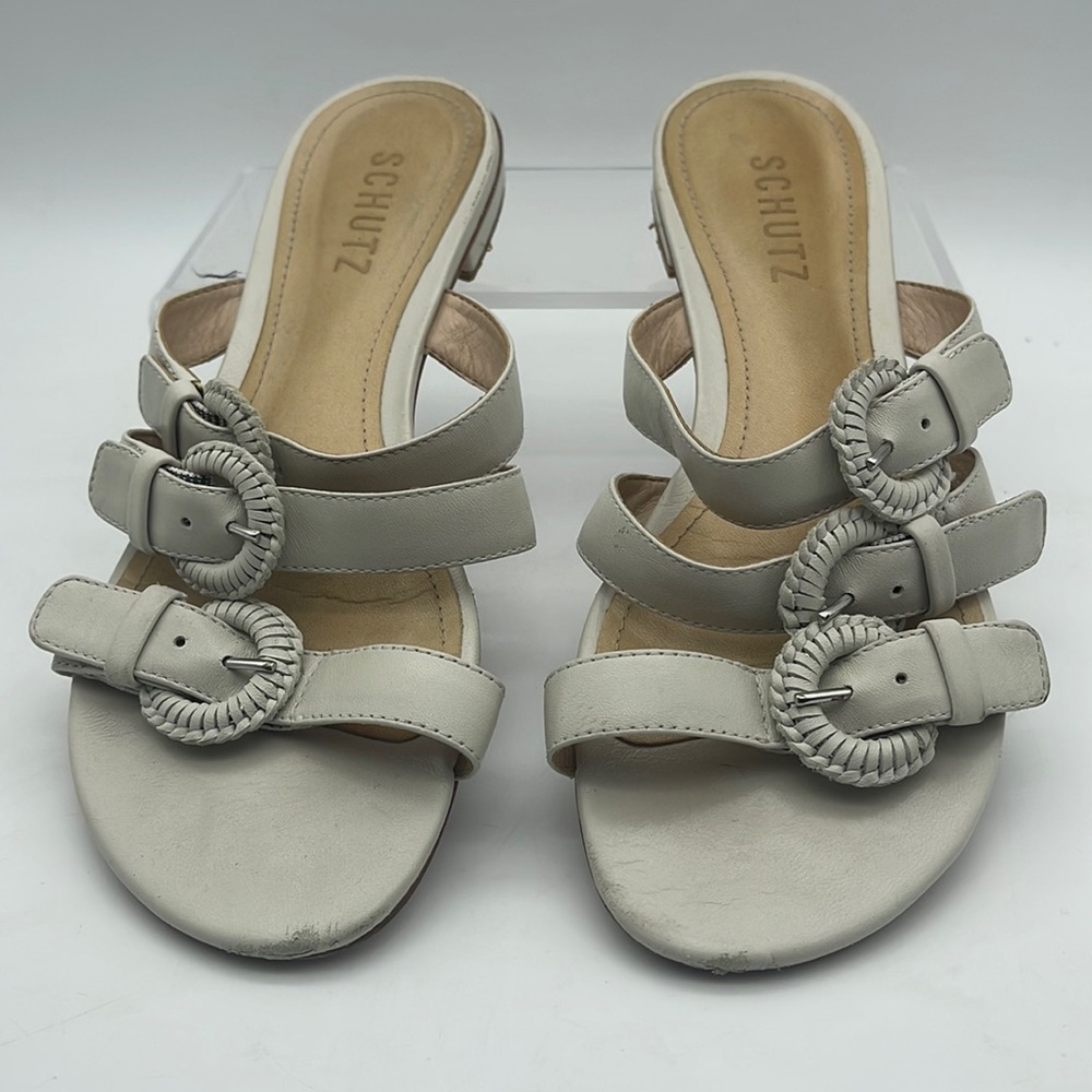 Schutz Clezia Triple Buckle Leather Sandals Slip On Flat White Sz 8